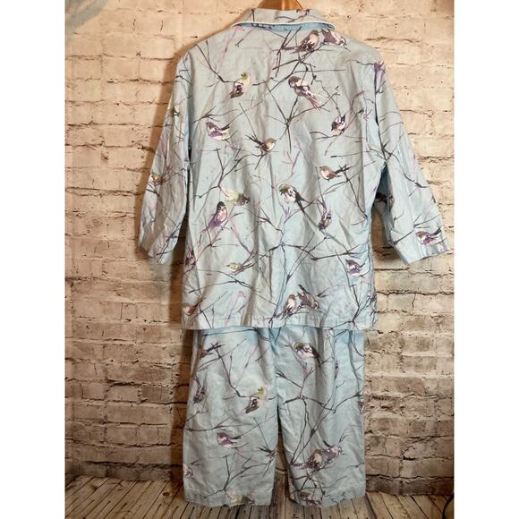 The Cat's Pajamas Flannel Pajama Set Womens Medium Blue Bird Print Winter Scene - Picture 2 of 15
